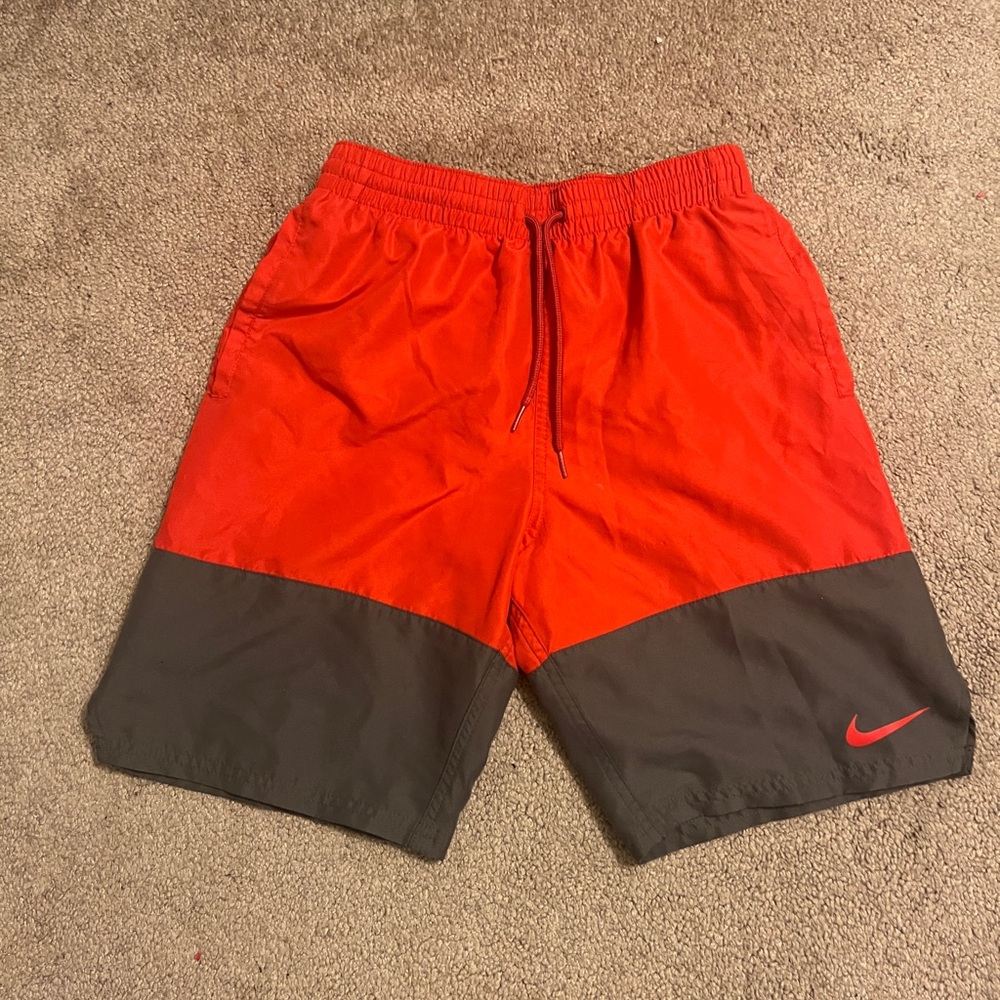 Red and Gray Nike Swim Trunks